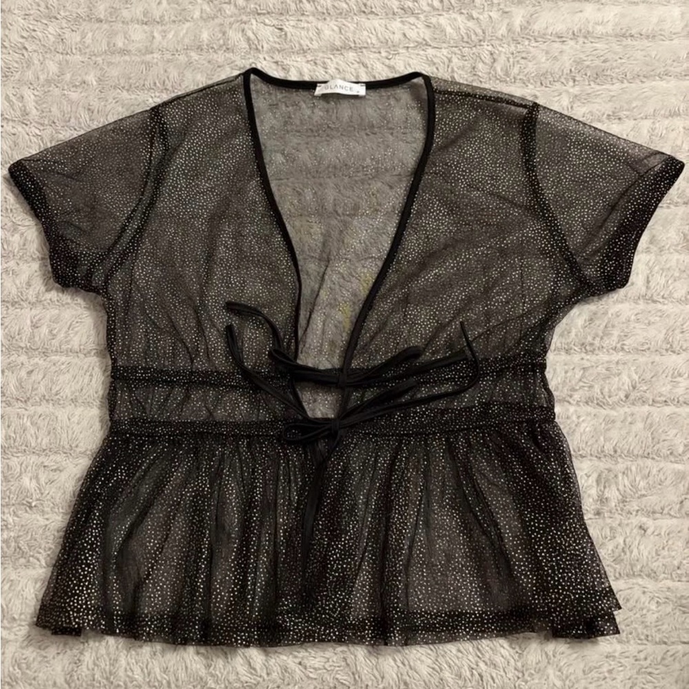 Sheer Black Blouse with Tie Detail
